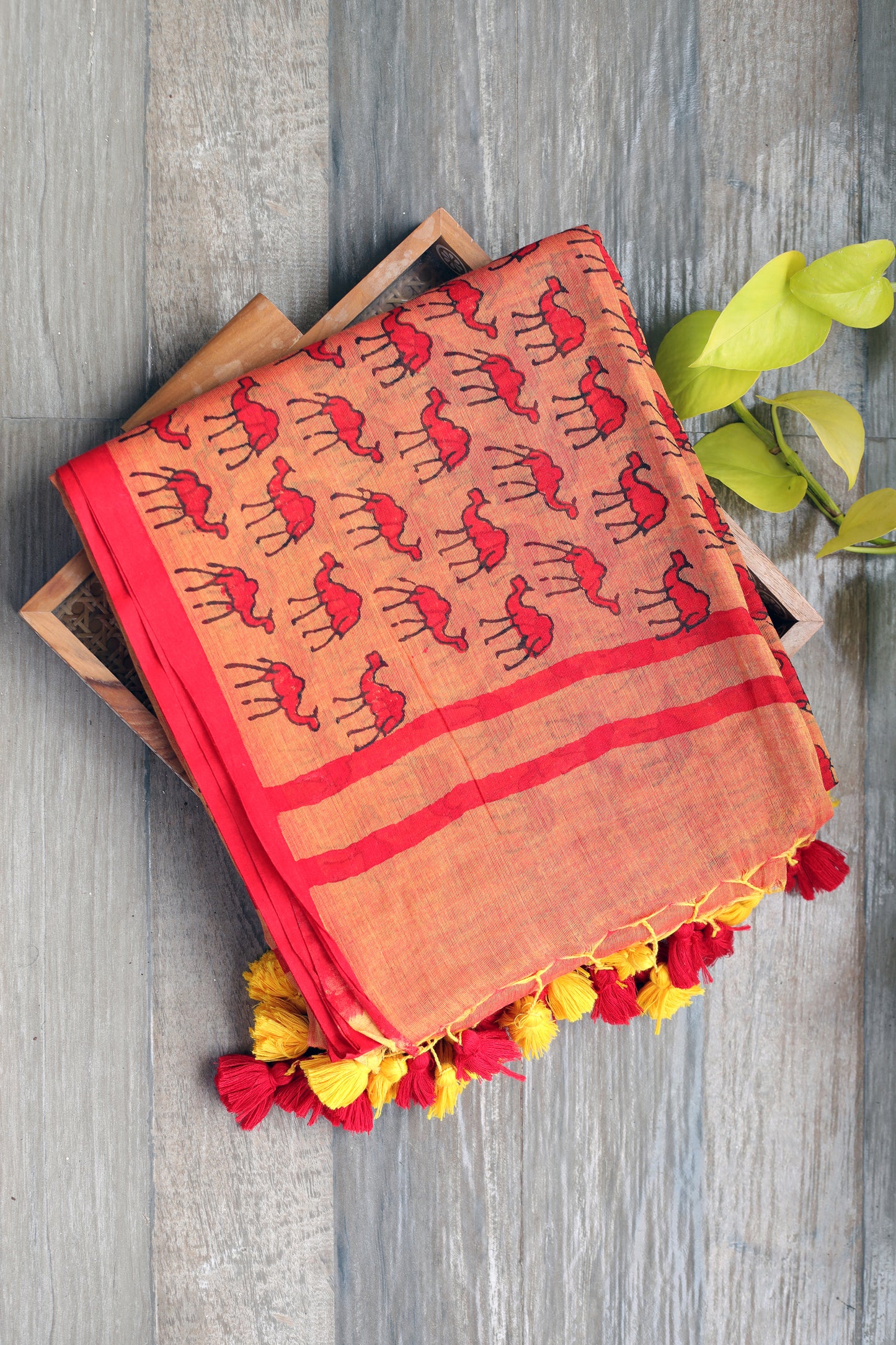 Mul Cotton - Orange with Red Camel Prints, Striking Red Border & Tassels