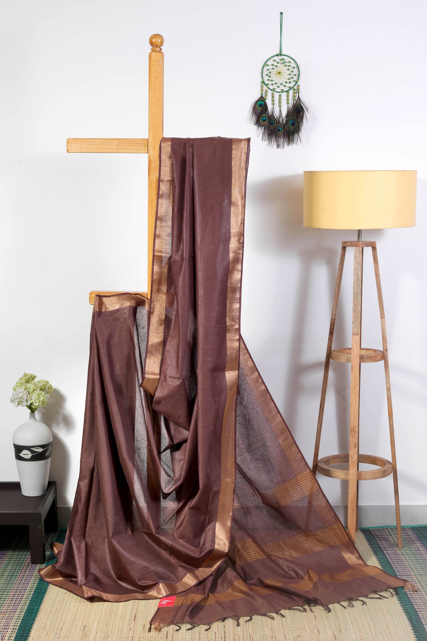cotton saree in block colors with golden border -Coffee brown