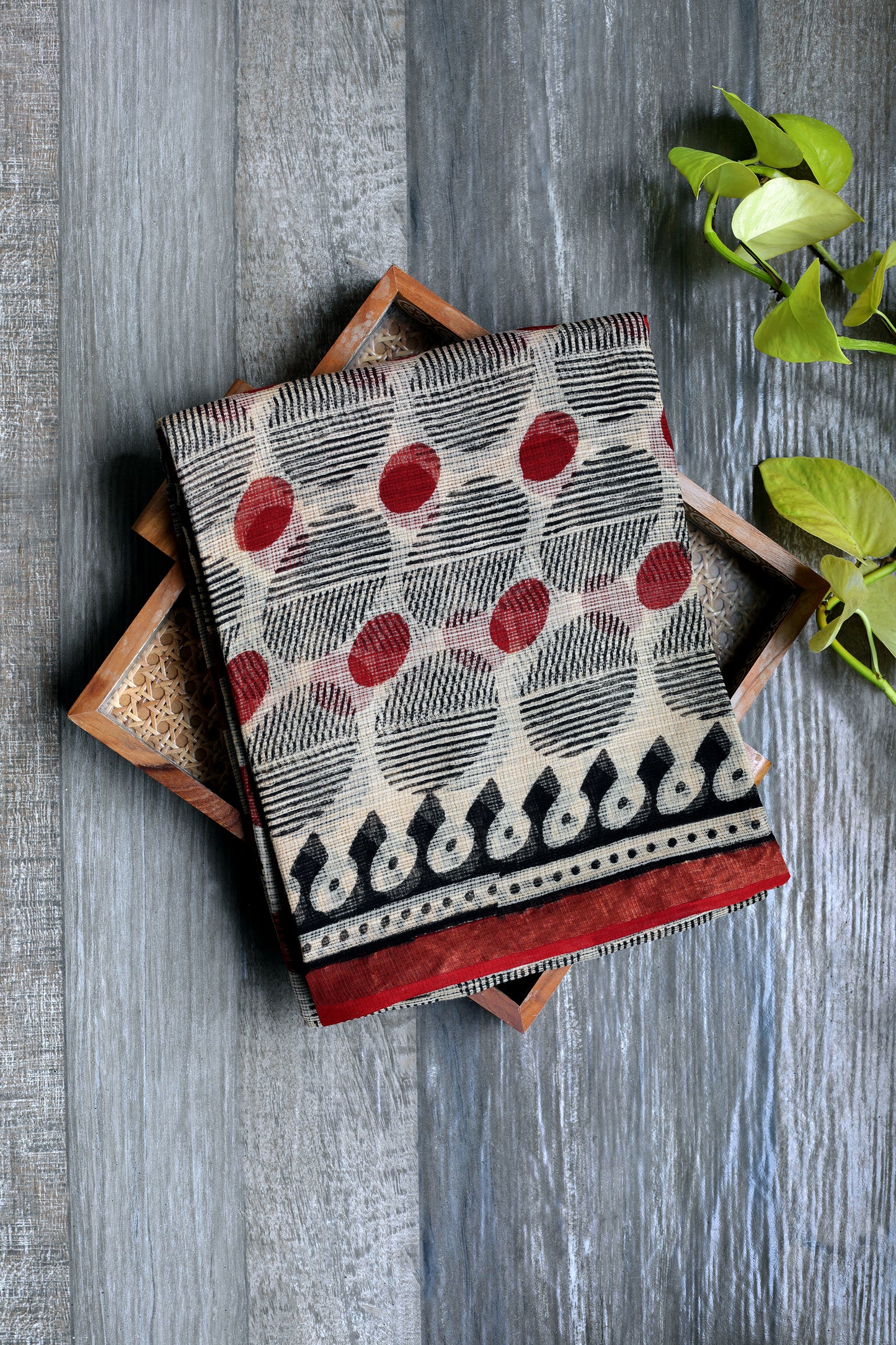Kota doria Bagru - beige saree with red and black circles with a red zari border