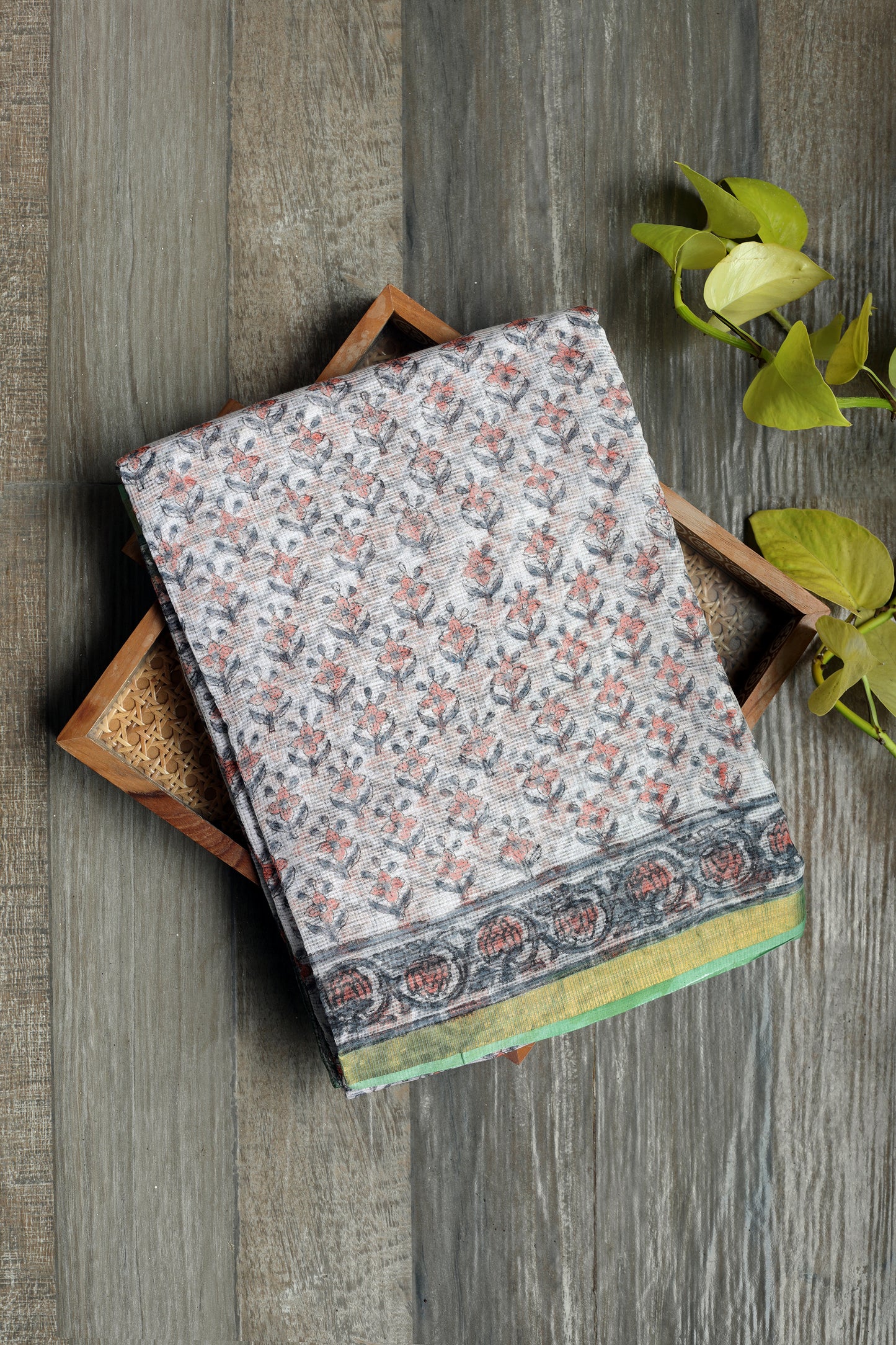 Kota doria Sanganeri - with off white body and small peach floral prints and green zari