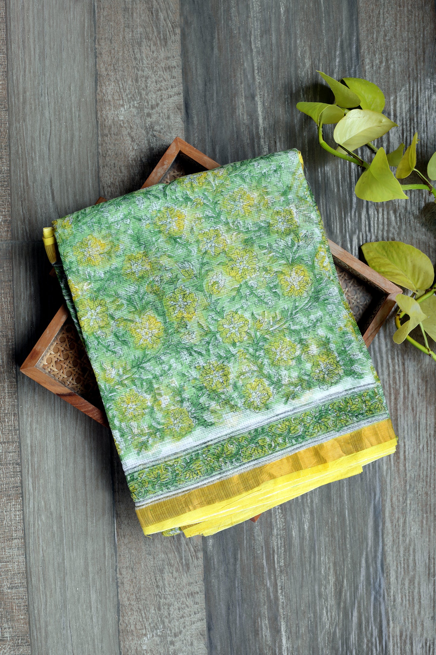 Kota doria Sanganeri saree - with prints of green leaves, yellow flowers