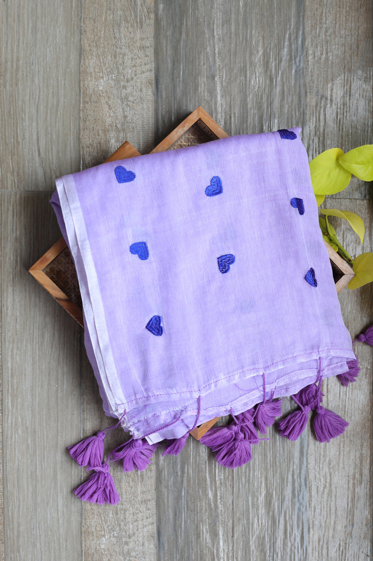 Mul cotton - light lavender saree with blue heart embroidery and lavender tassels