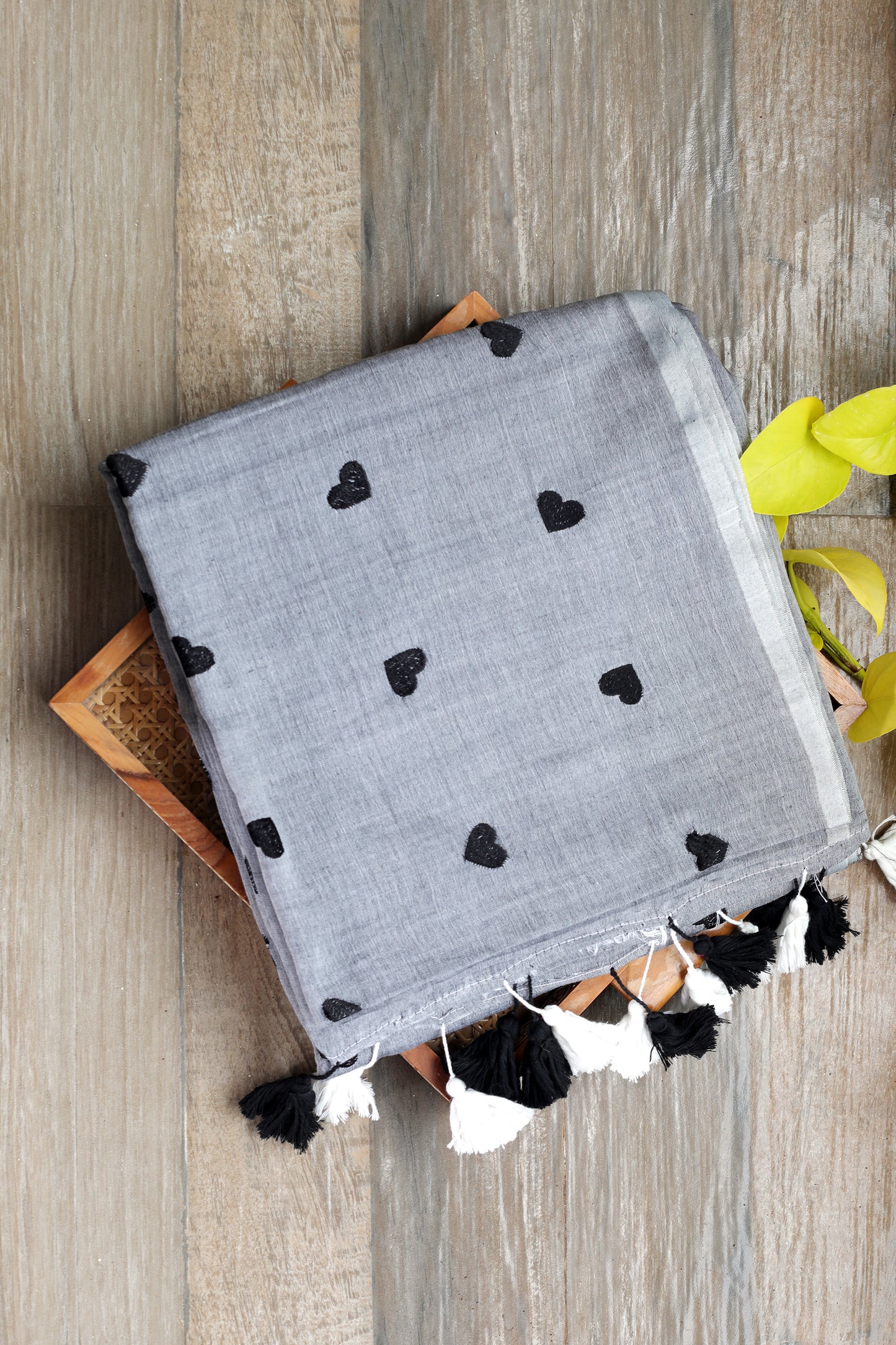 Mul cotton Embroidery - grey saree with black heart embroidery and black and white tassels