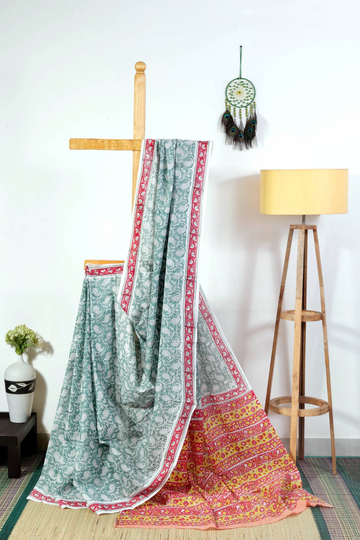 Mul cotton Sanganeri - Green and red