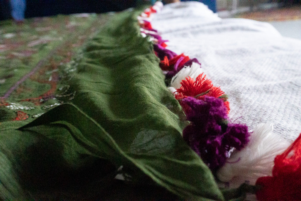 Mul cotton green - katha embroidery tassels