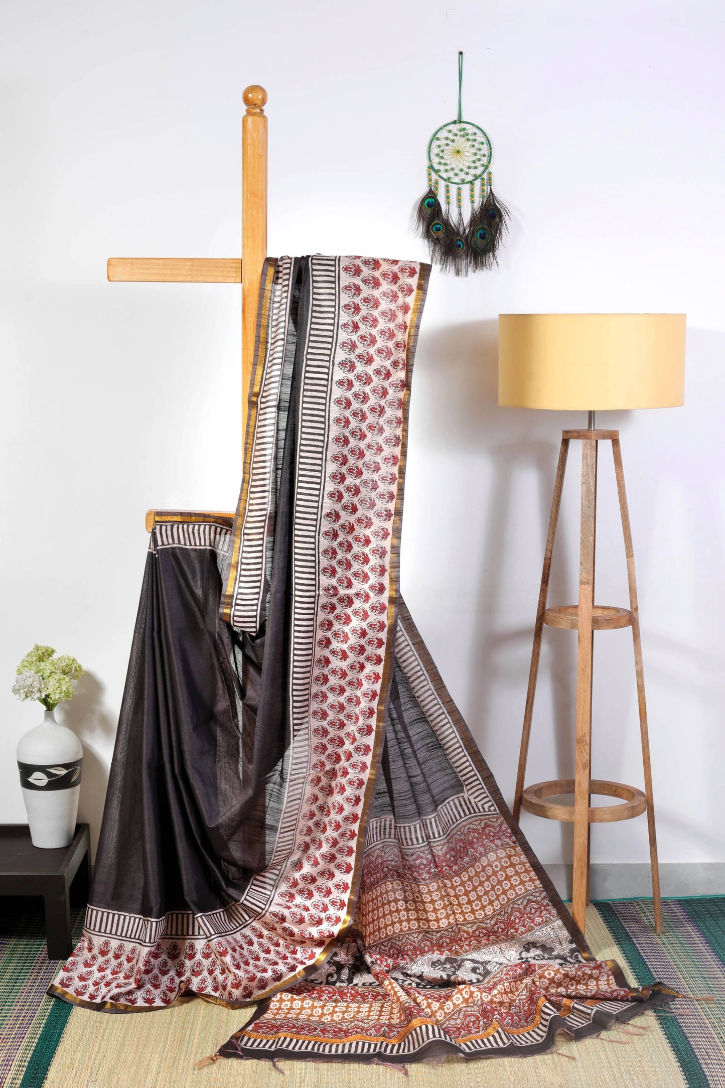 Silk blend - Black potai bagru with Gold zari