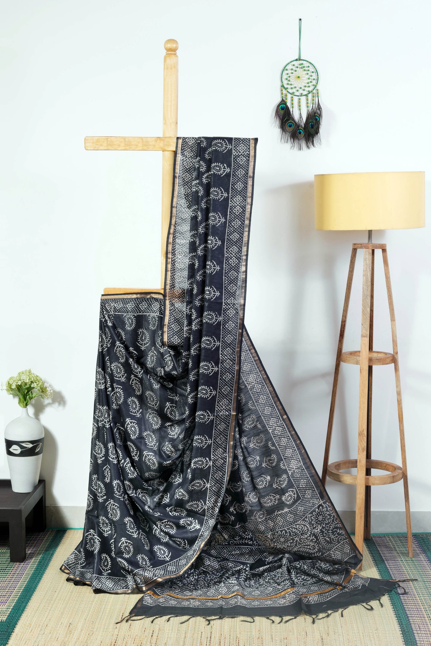 Silk blend black body with mango design block prints with zari