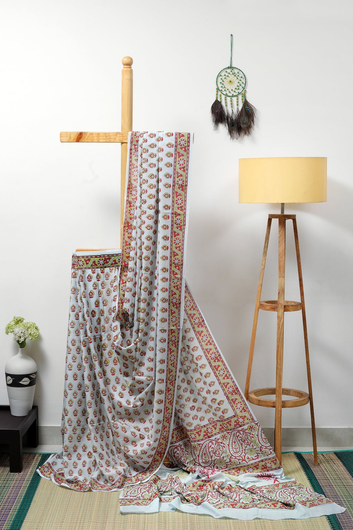 Mul Cotton Sanganeri - pastel blue with green and red block prints