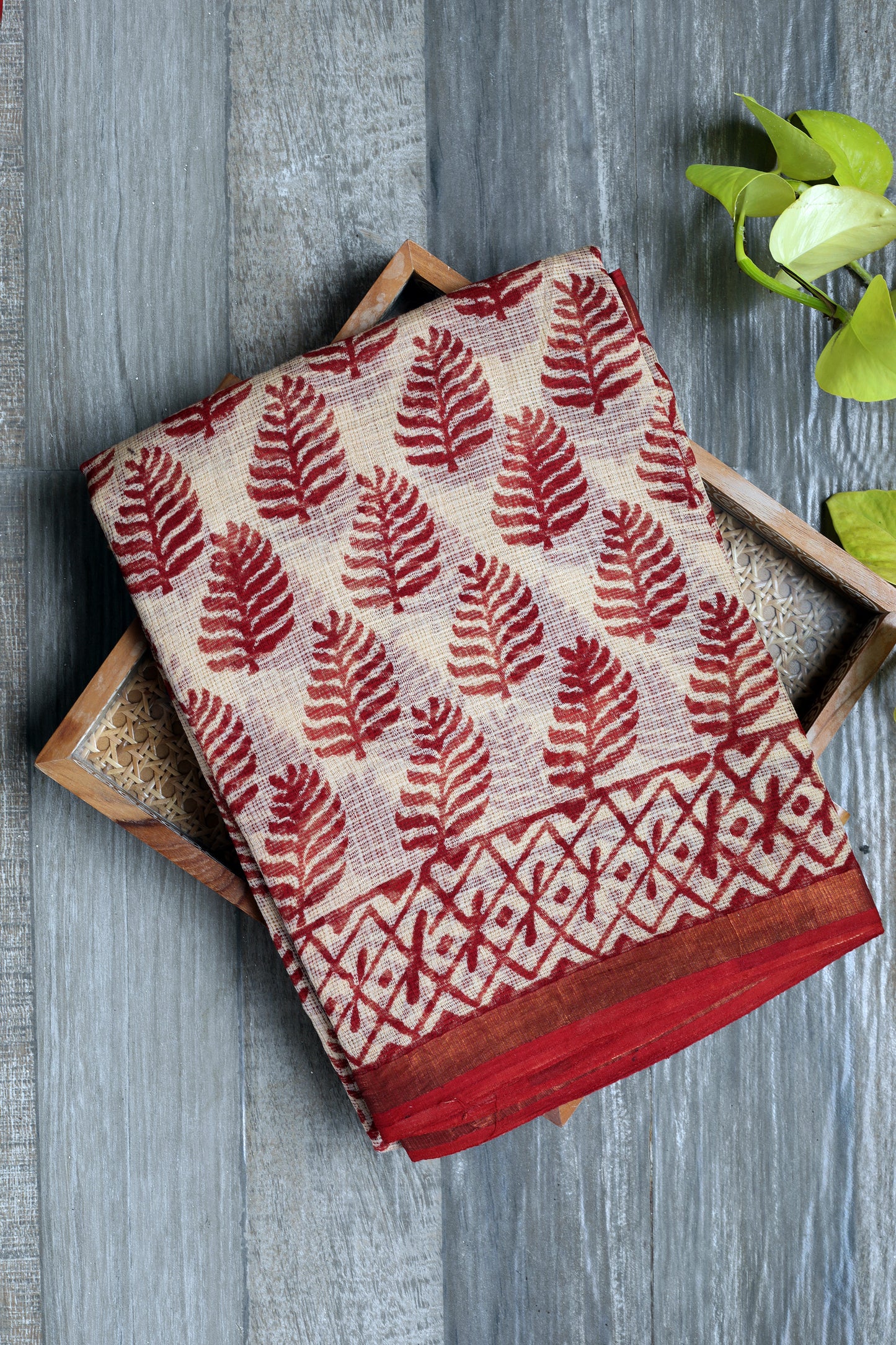Kota Doria Bagru - beige saree with red leaf prints and red zari border