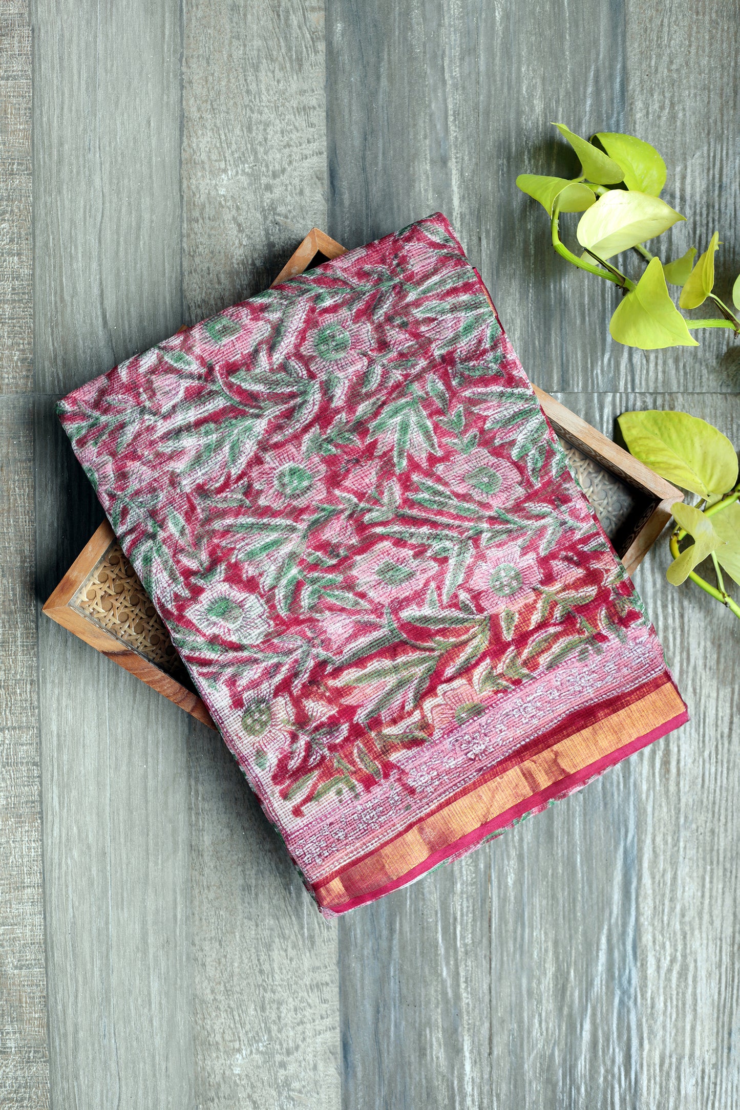 Kota Doria Sanganeri - pink green and maroon floral prints with red zari