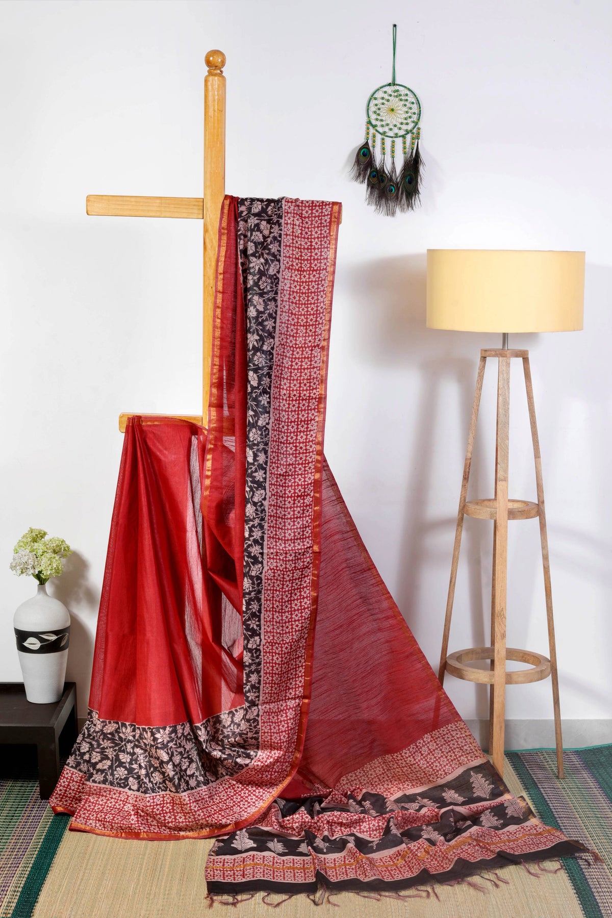 Silk blend - red potai bagru with gold zari