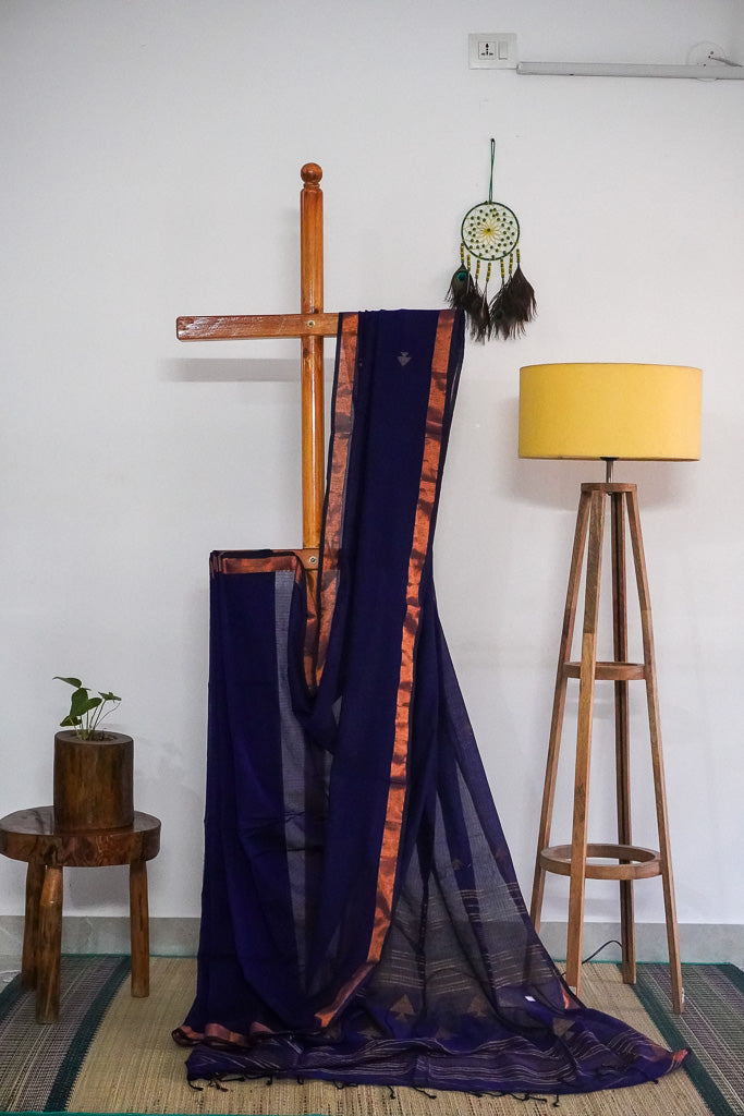Soft cotton - Deep blue block with zari