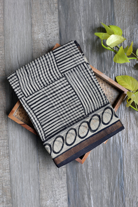 Kota Doria Bagru – Beige with Black Lines & Golden Zari