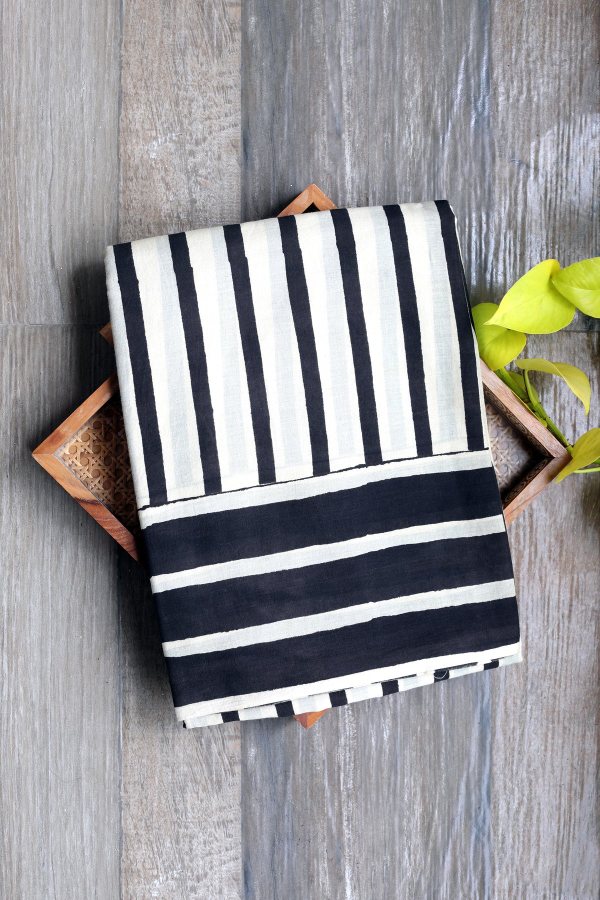 Mul cotton Bagru prints - Black horizontal and vertical stripes