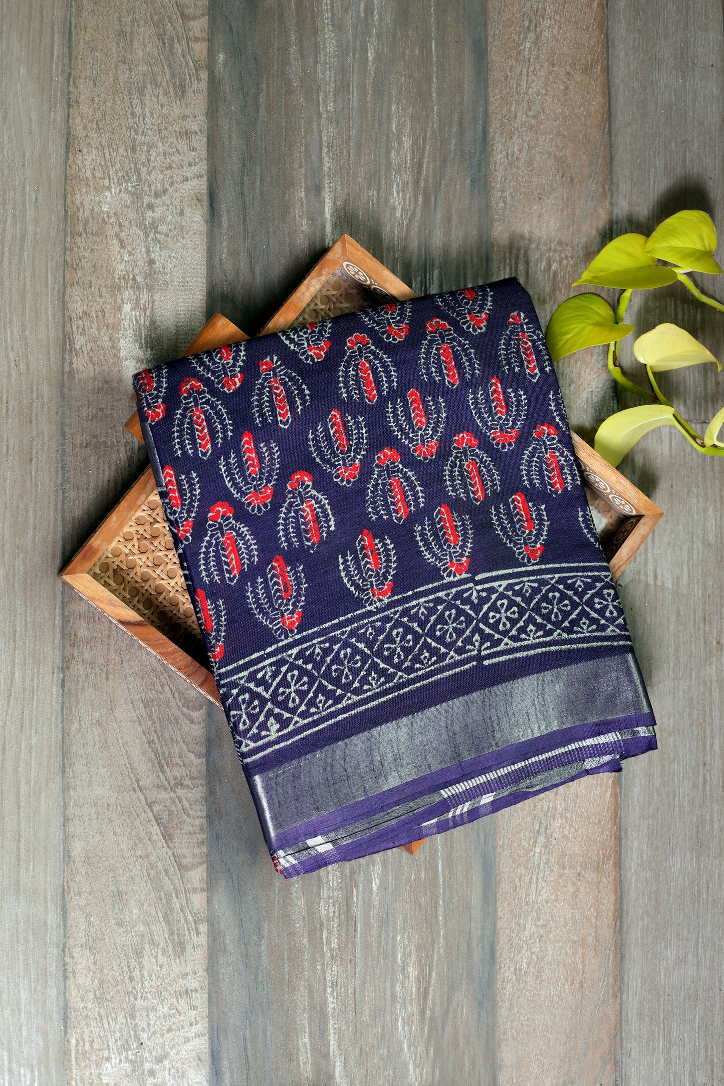 Linen Cotton Ajrak - Dark Violet with Red & Beige Motifs and Silver Zari Border