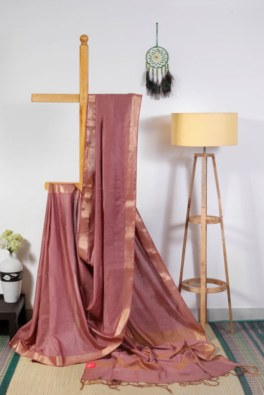 cotton saree in block colors with golden -Pink copper