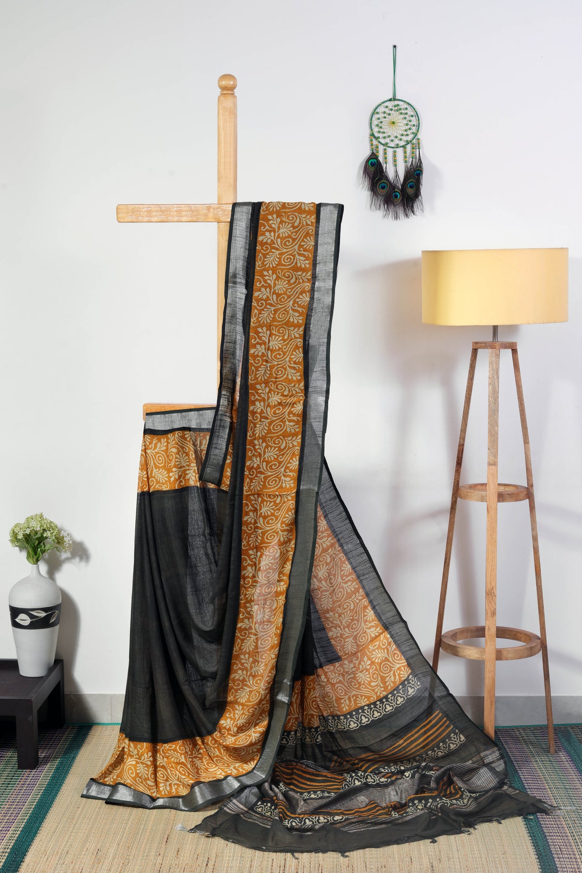 Charcoal Linen Saree with Mustard Vine Border