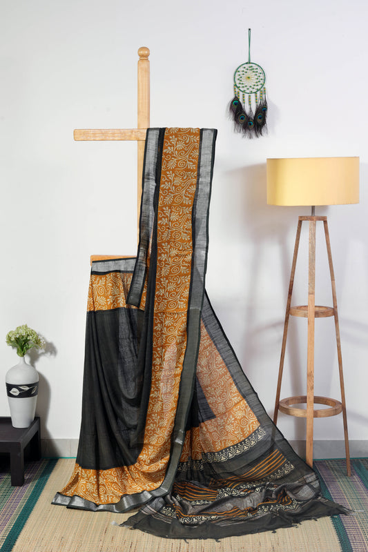 Charcoal Linen Saree with Mustard Vine Border