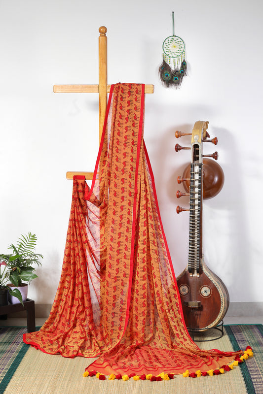 Mul Cotton - Orange with Red Camel Prints, Striking Red Border & Tassels