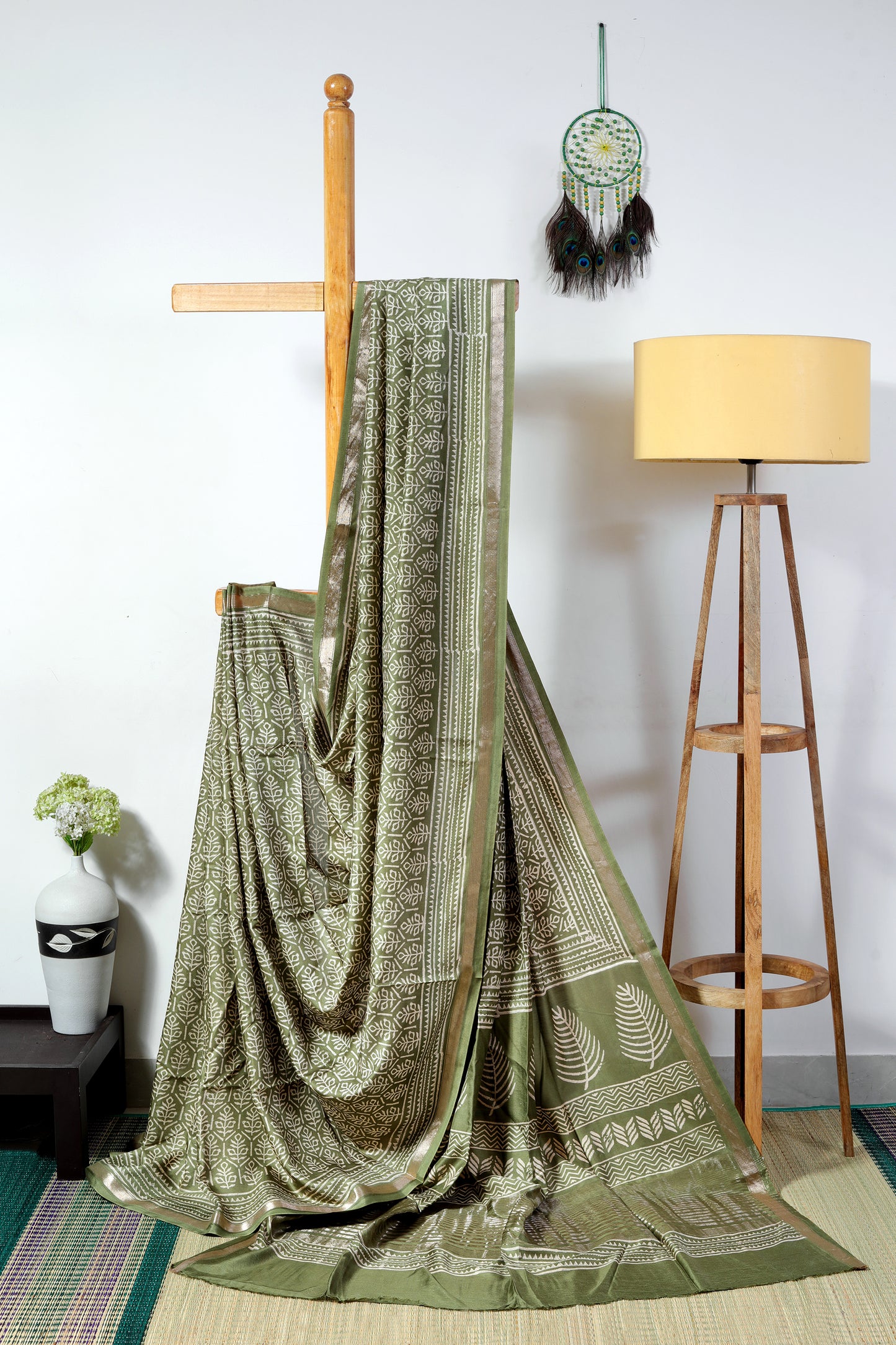 Silk Blend-  mehndi green color with cream jaipur block print finished with border and zari
