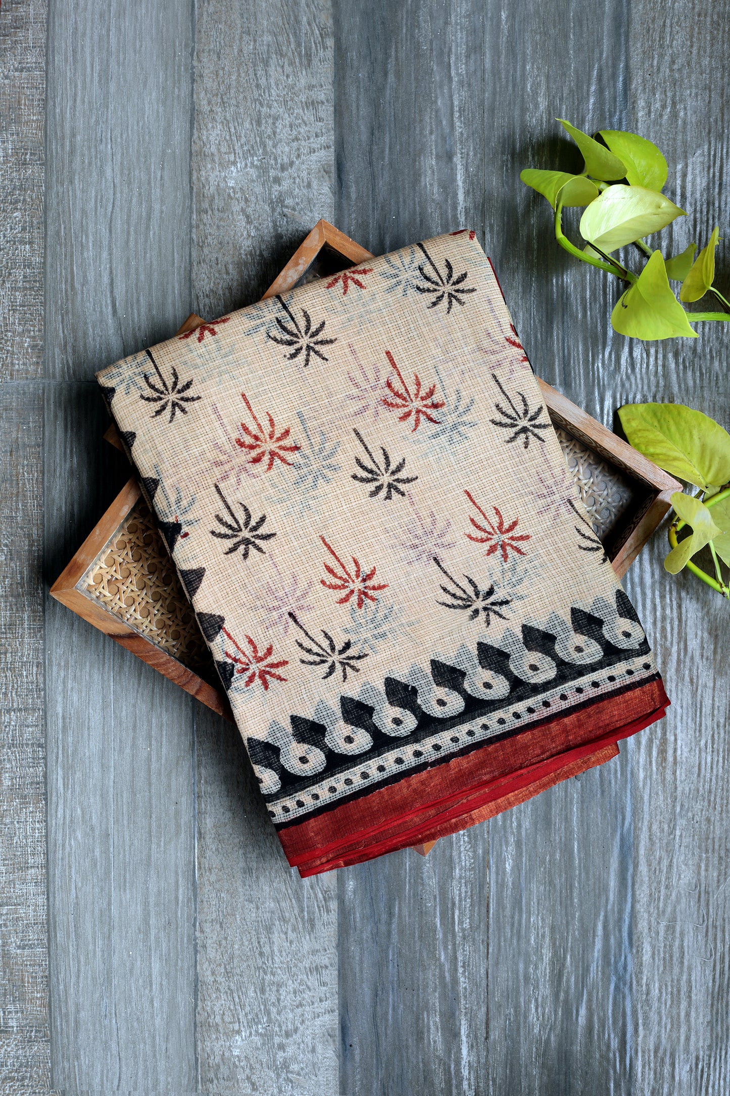 Kota Doria Bagru -beige saree with black and red tree prints with black border and  red zari 