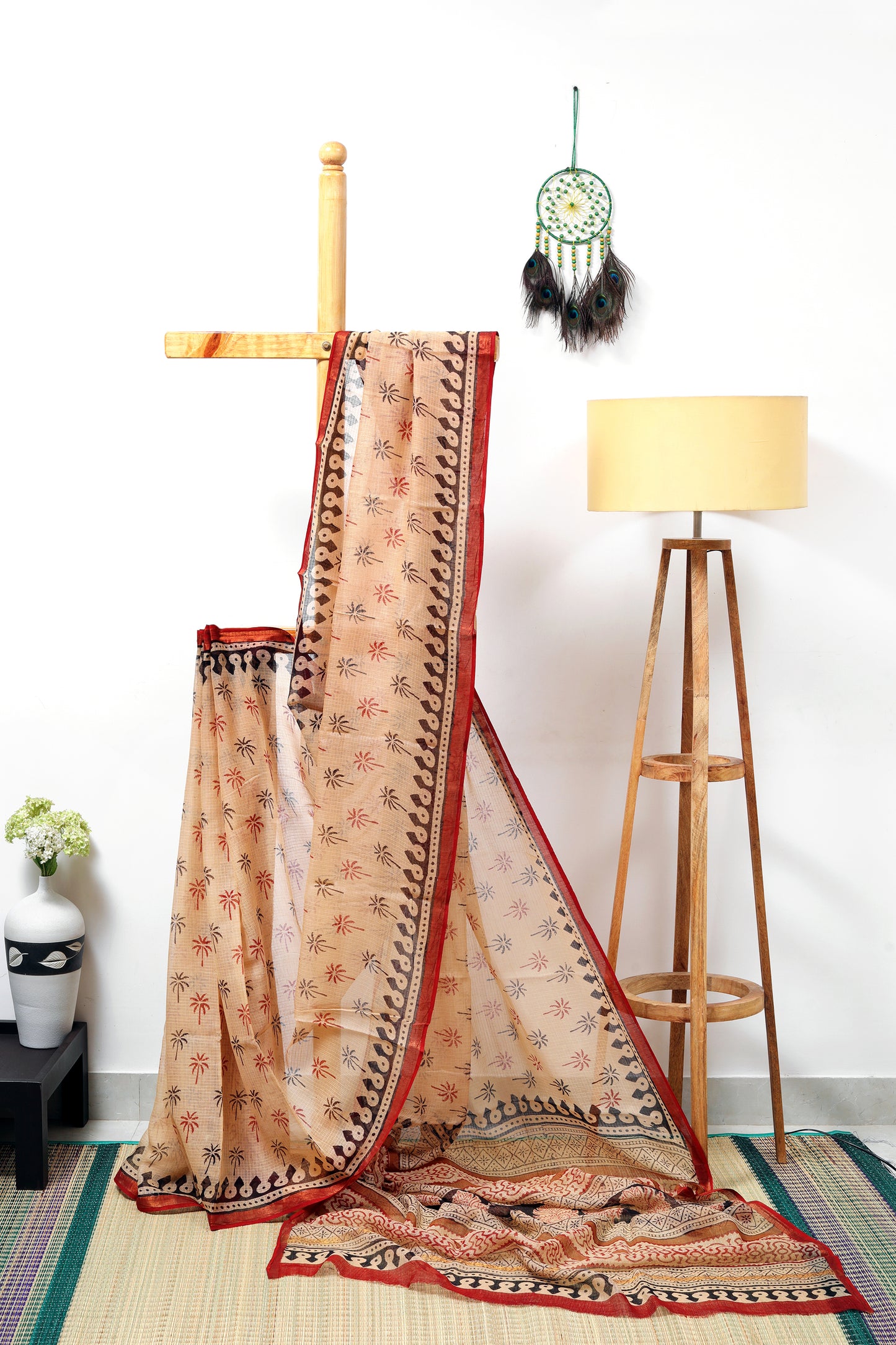 Kota_Doria_Bagru beige saree with black and red tree prints with black border and red zari 