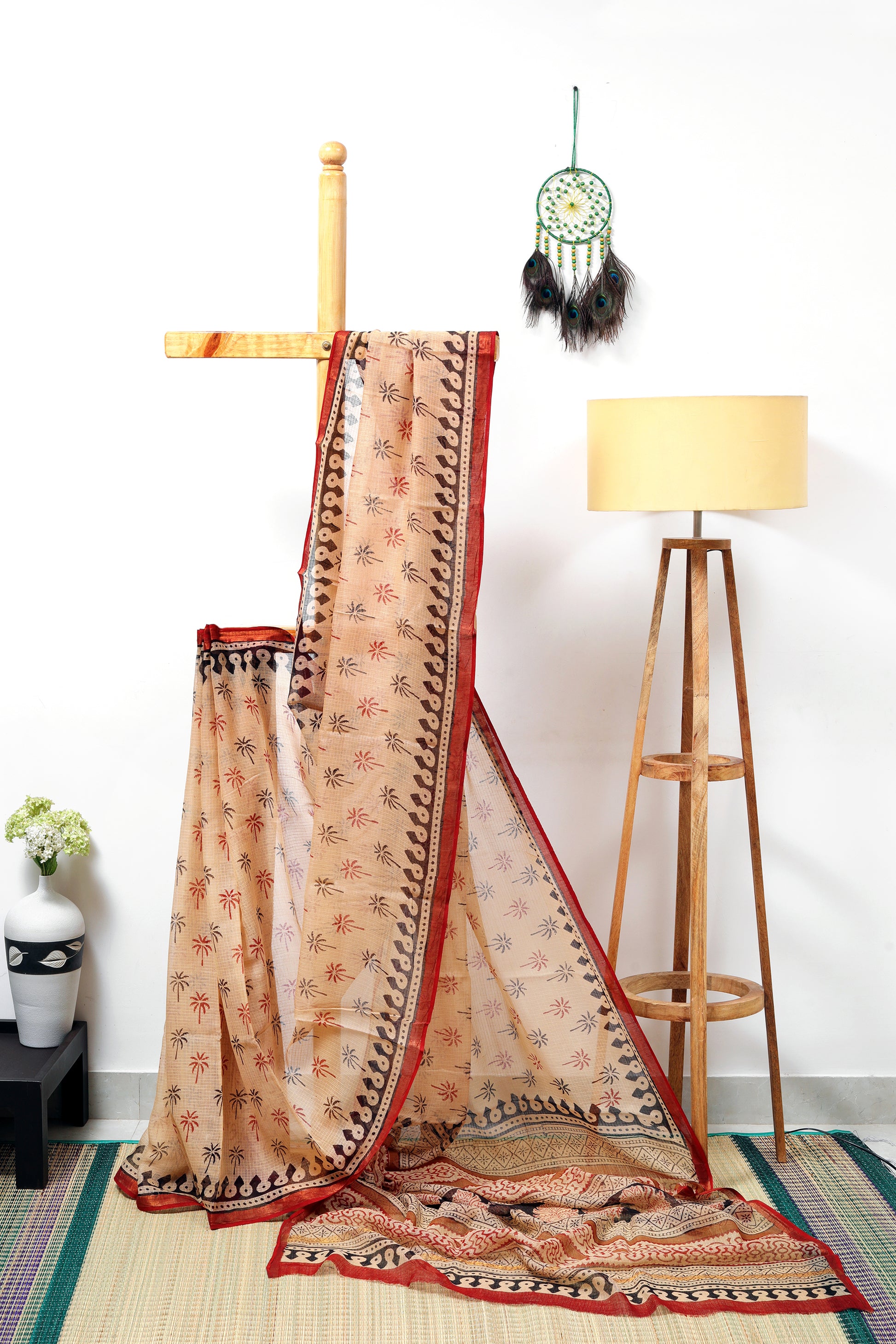 Kota_Doria_Bagru beige saree with black and red tree prints with black border and red zari 