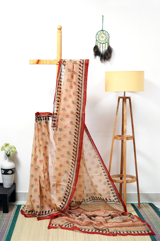 Kota_Doria_Bagru beige saree with black and red tree prints with black border and red zari 