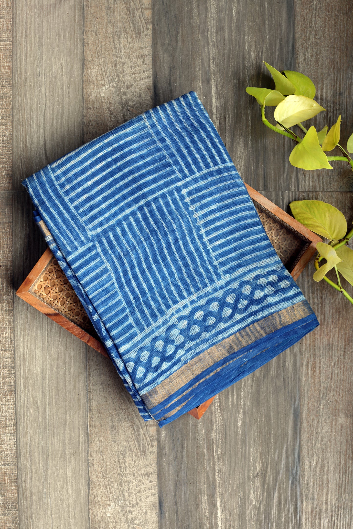 Kota Doria Dabu overlap - Indigo horizontal and vertical box stripes with zari