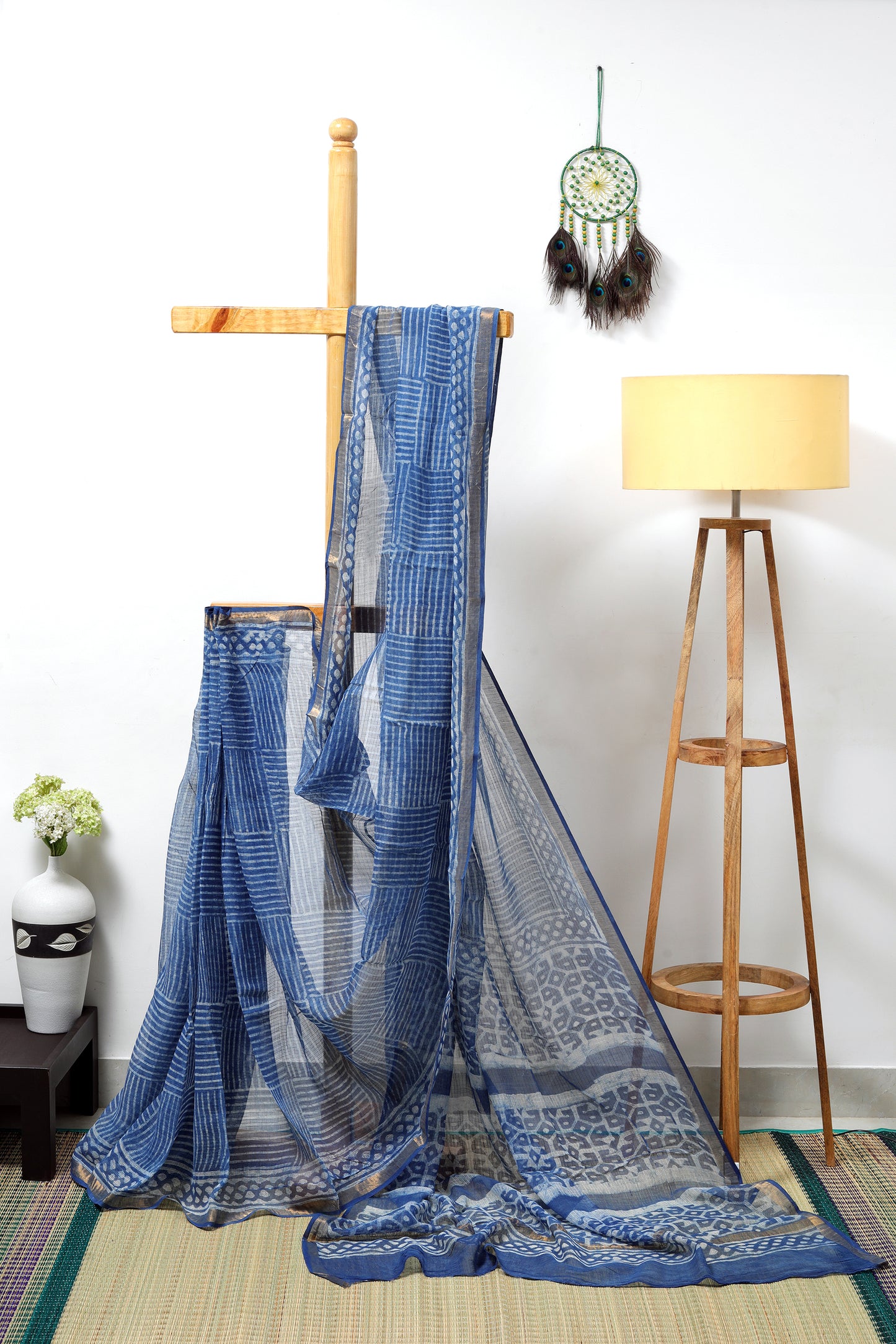Kota Doria Dabu overlap - Indigo horizontal and vertical box stripes with zari
