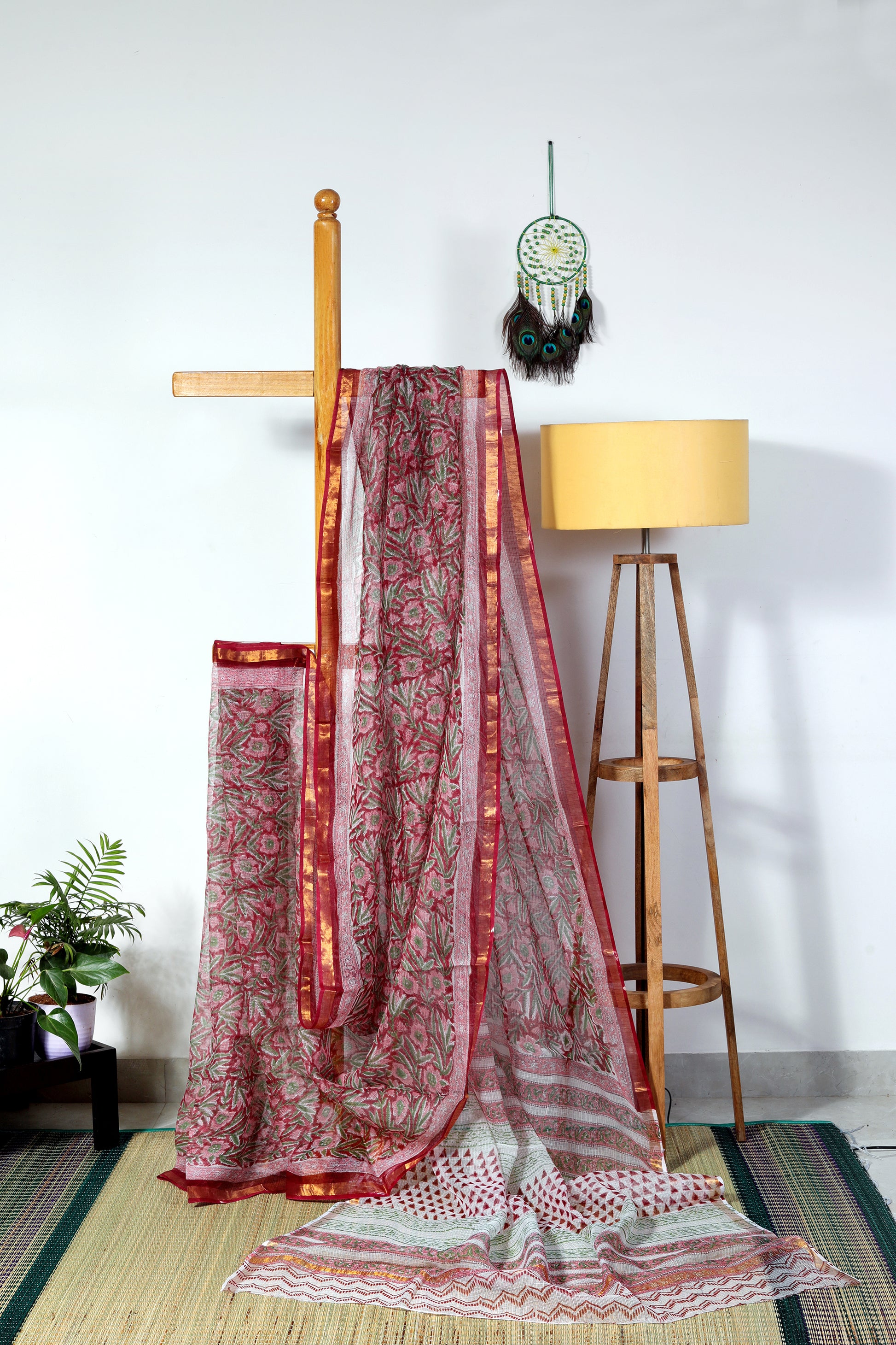 Kota Doria Sanganeri -  pink green and maroon floral prints with red zari