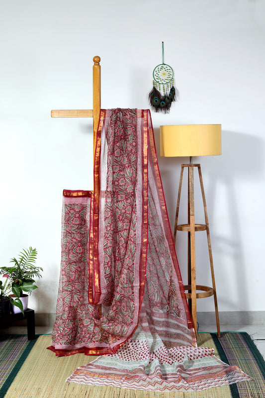 Kota Doria Sanganeri -  pink green and maroon floral prints with red zari