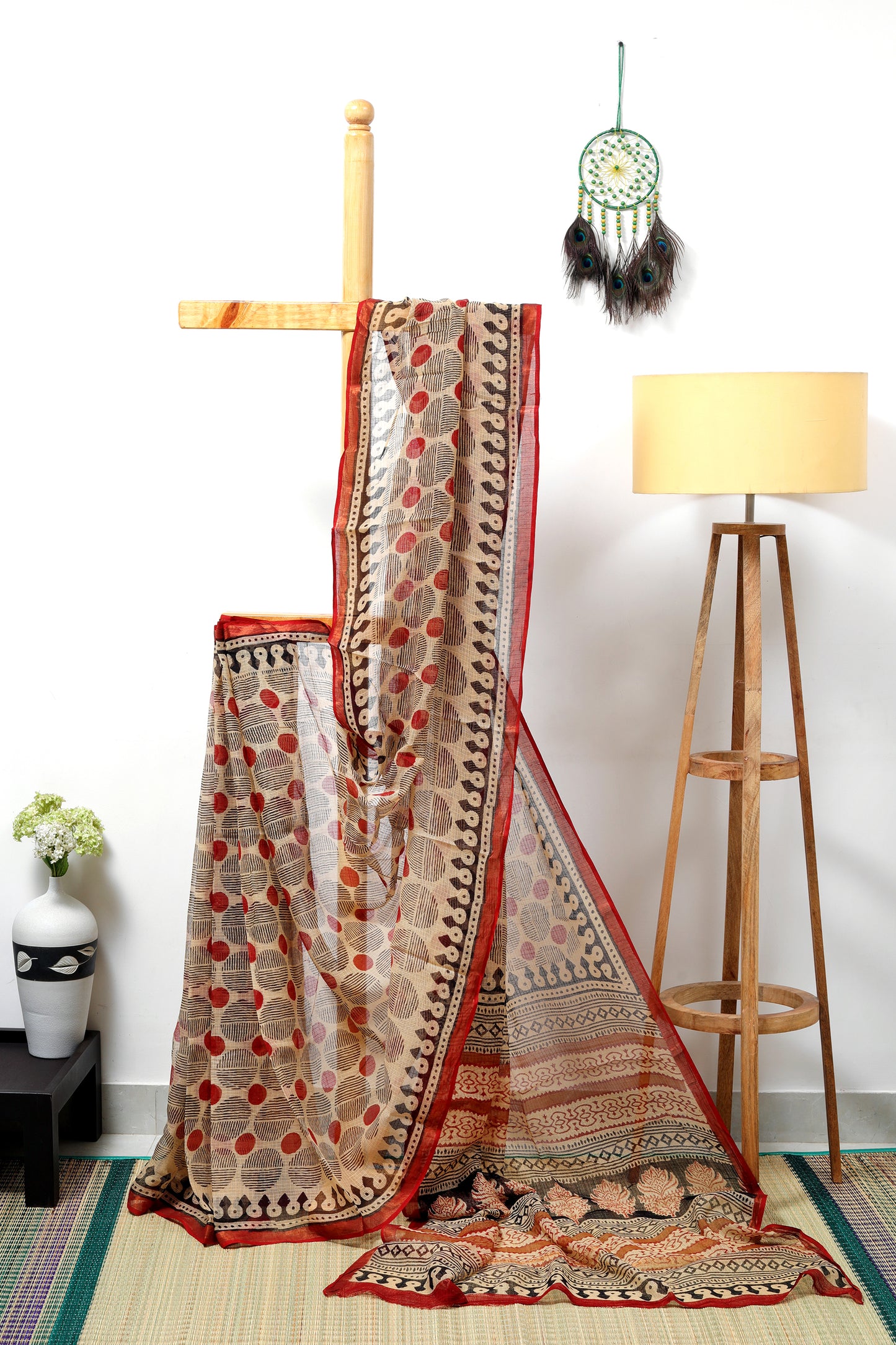 Kota doria Bagru - beige saree with red and black circles with a red zari border