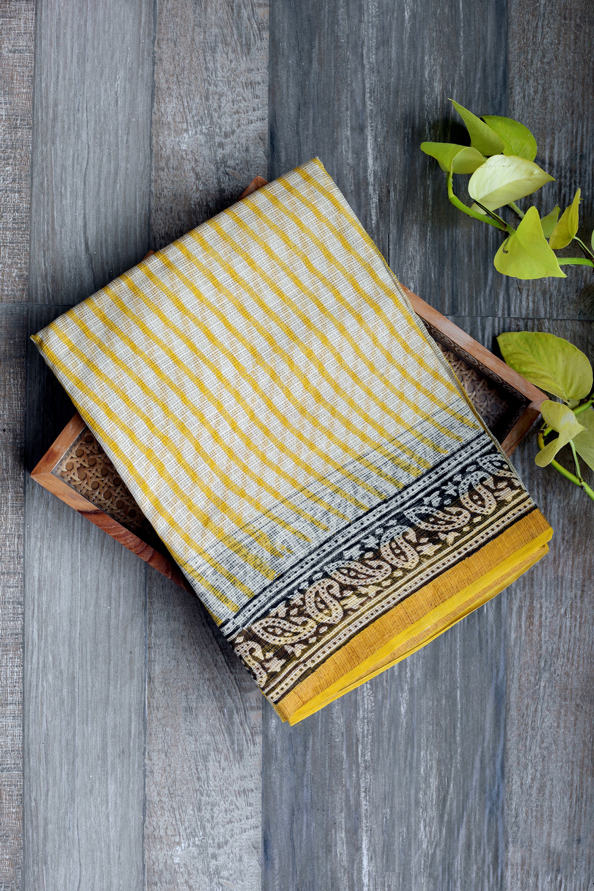 Kota doria Bagru - beige with yellow vertical lines with black border and yellow zari
