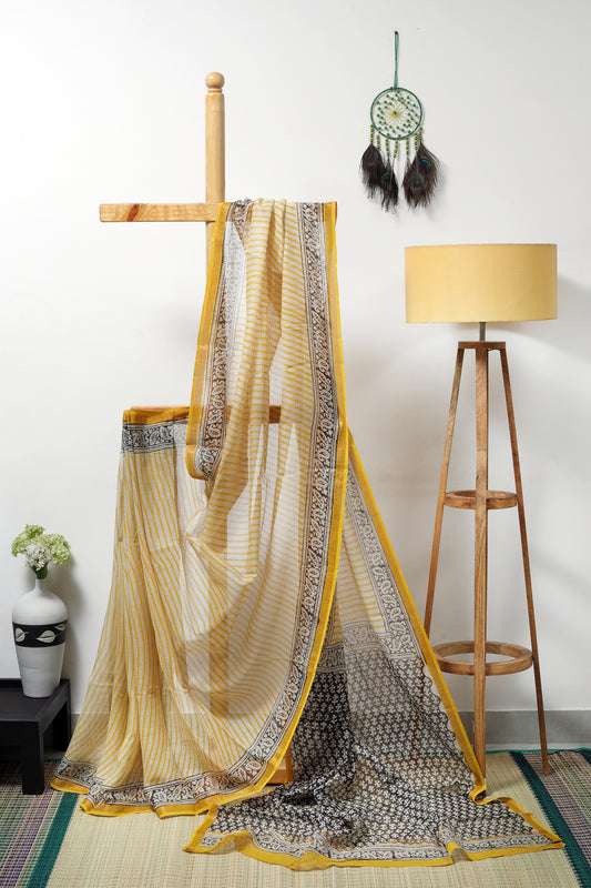 Kota doria Bagru - beige with yellow vertical lines with black border and yellow zari
