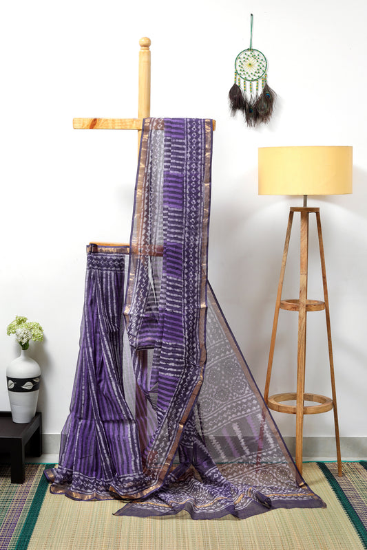 Kota doria Dabu overlap  - violet and lavendar overlapped with black vertical lines with zari