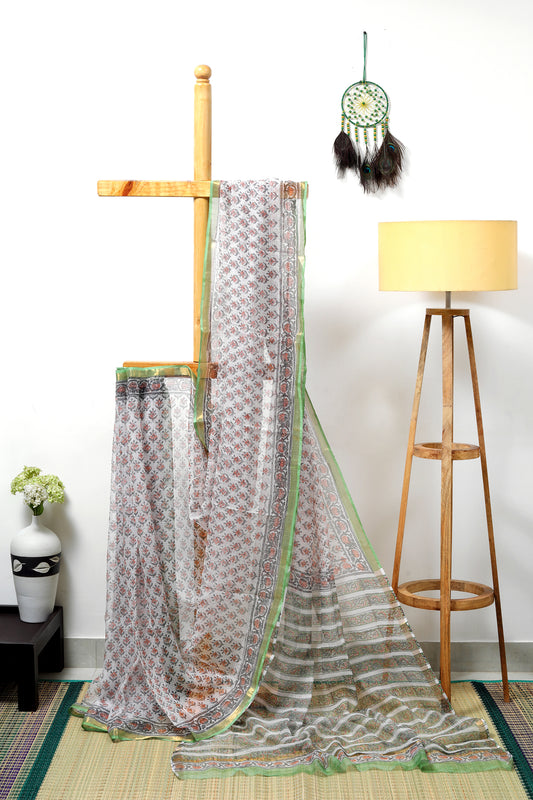 Kota doria Sanganeri - with off white body and small peach floral prints and green zari