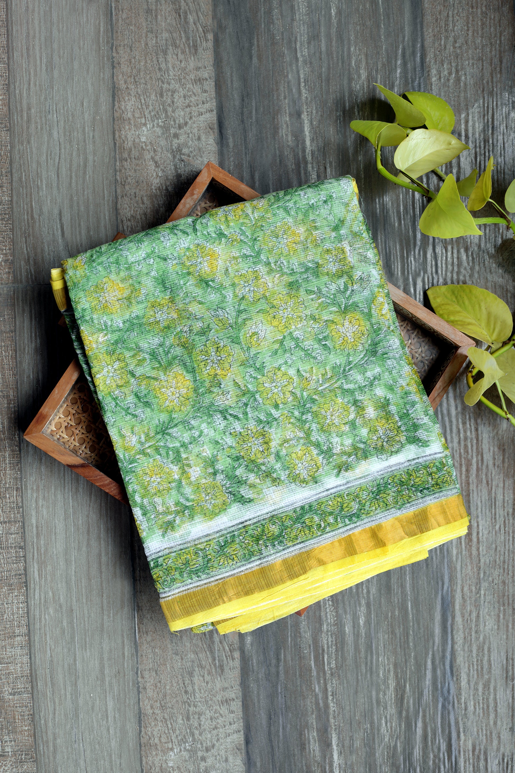 Kota doria Sanganeri saree - with prints of green leaves, yellow flowers