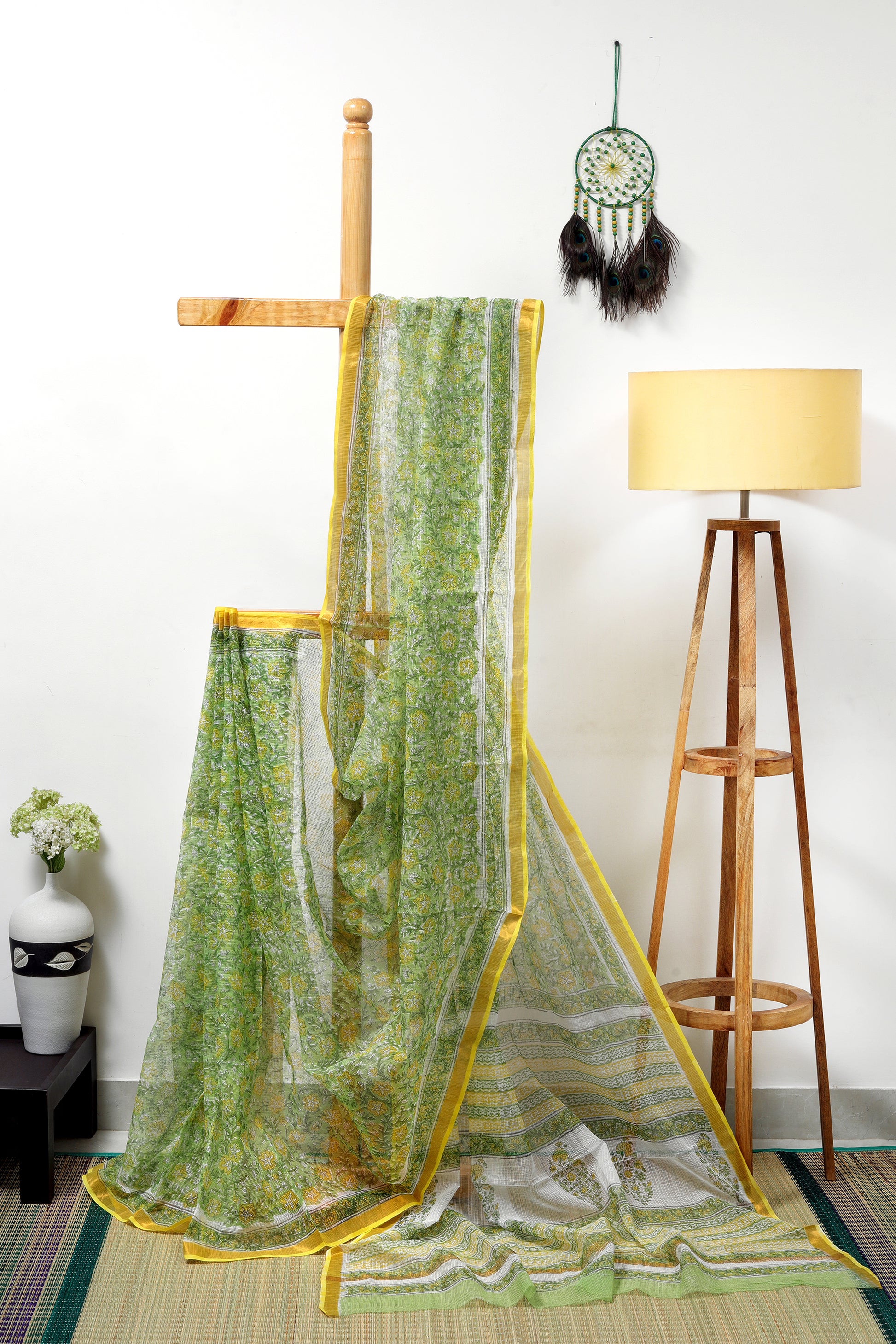 Kota doria Sanganeri saree - with prints of green leaves, yellow flowers