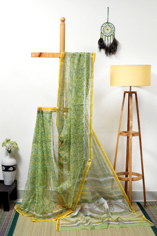 Kota doria Sanganeri saree - with prints of green leaves, yellow flowers