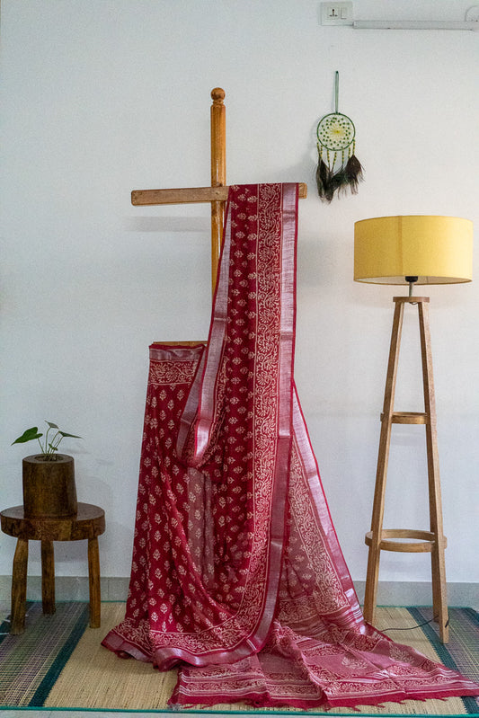 Linen Cotton - Deep Red with block prints and zari