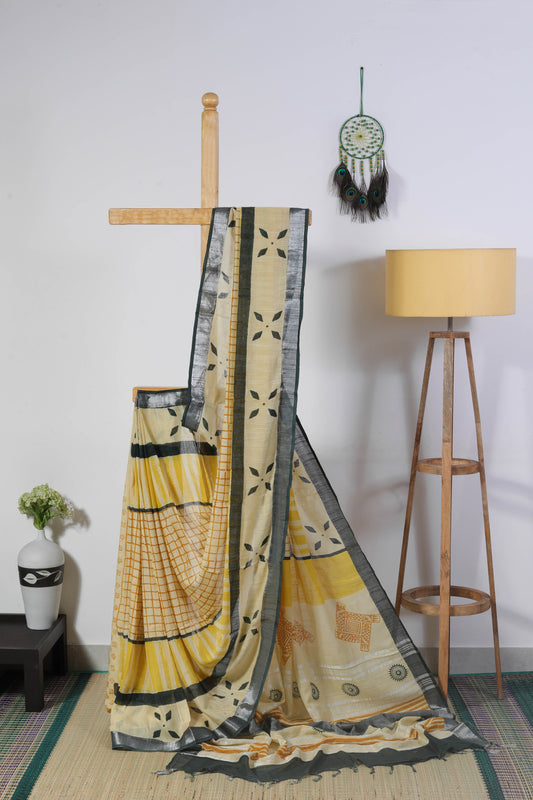 Linen Cotton – Yellow & Beige Checks with Motif Pallu