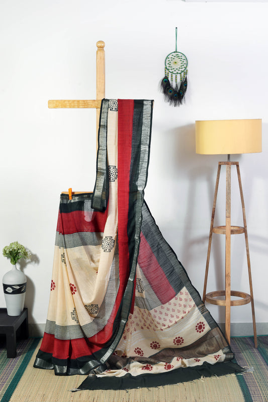 Linen cotton beige saree with red and black bold Bagru prints