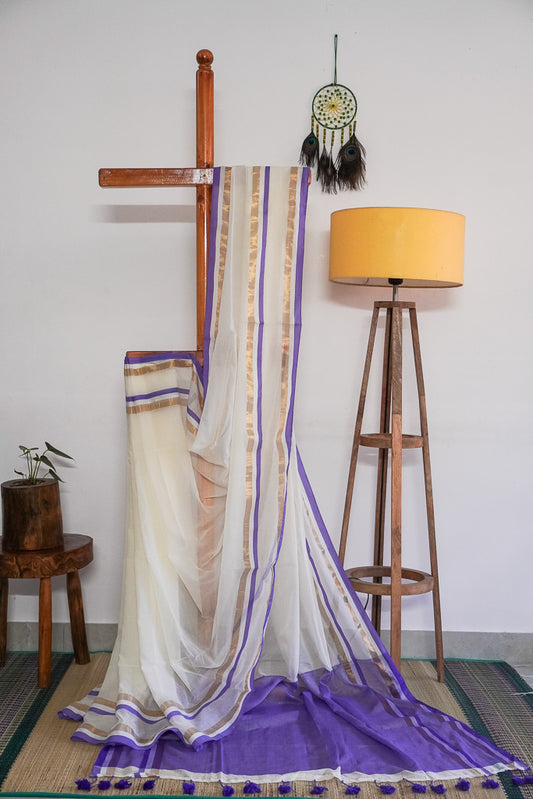 Mul Cotton - Kerala Kasavu Saree - Lavender