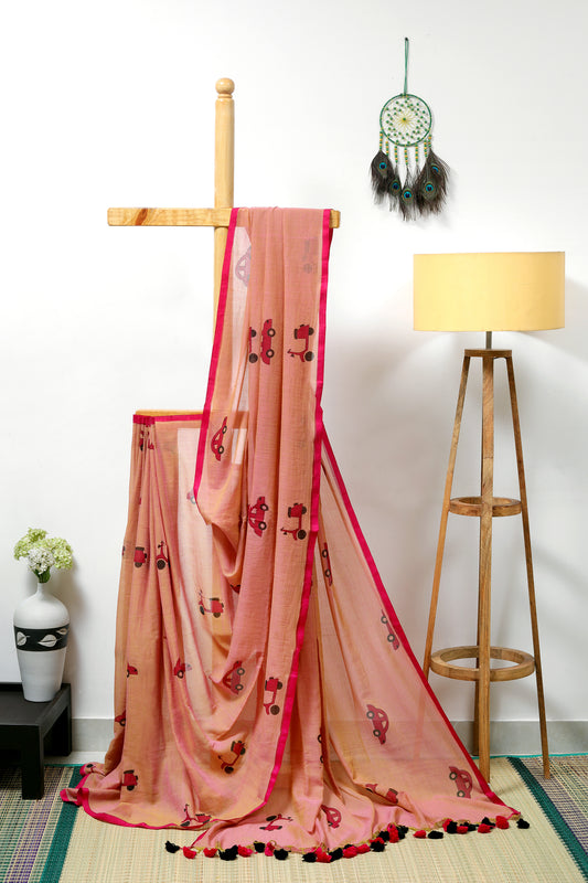 Mul Cotton - light pink  with dark pink border with pink car prints with pink and black tassels