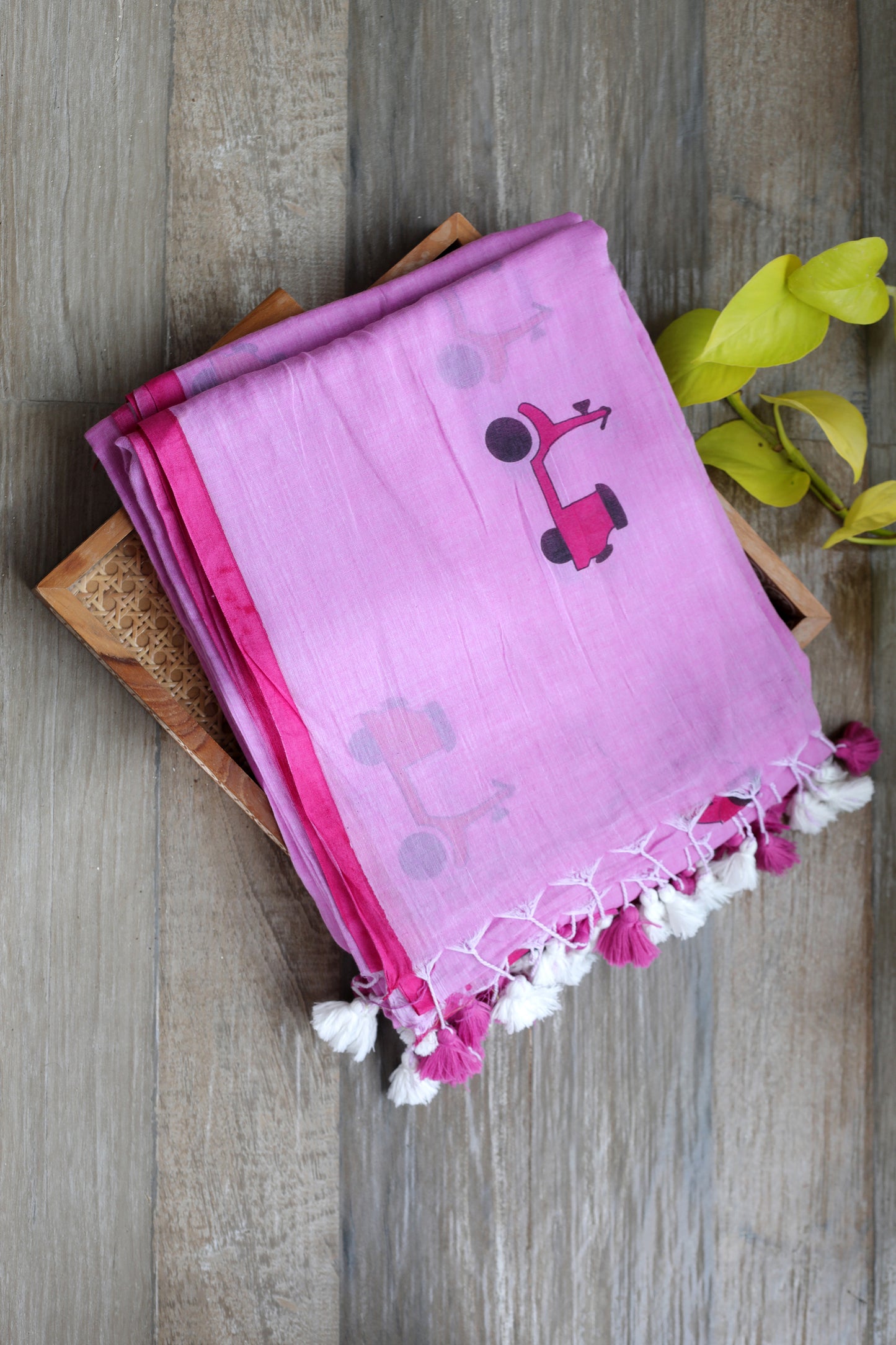 Mul Cotton - lilac  with pink border with pink scooter and car prints with multicolored tassels
