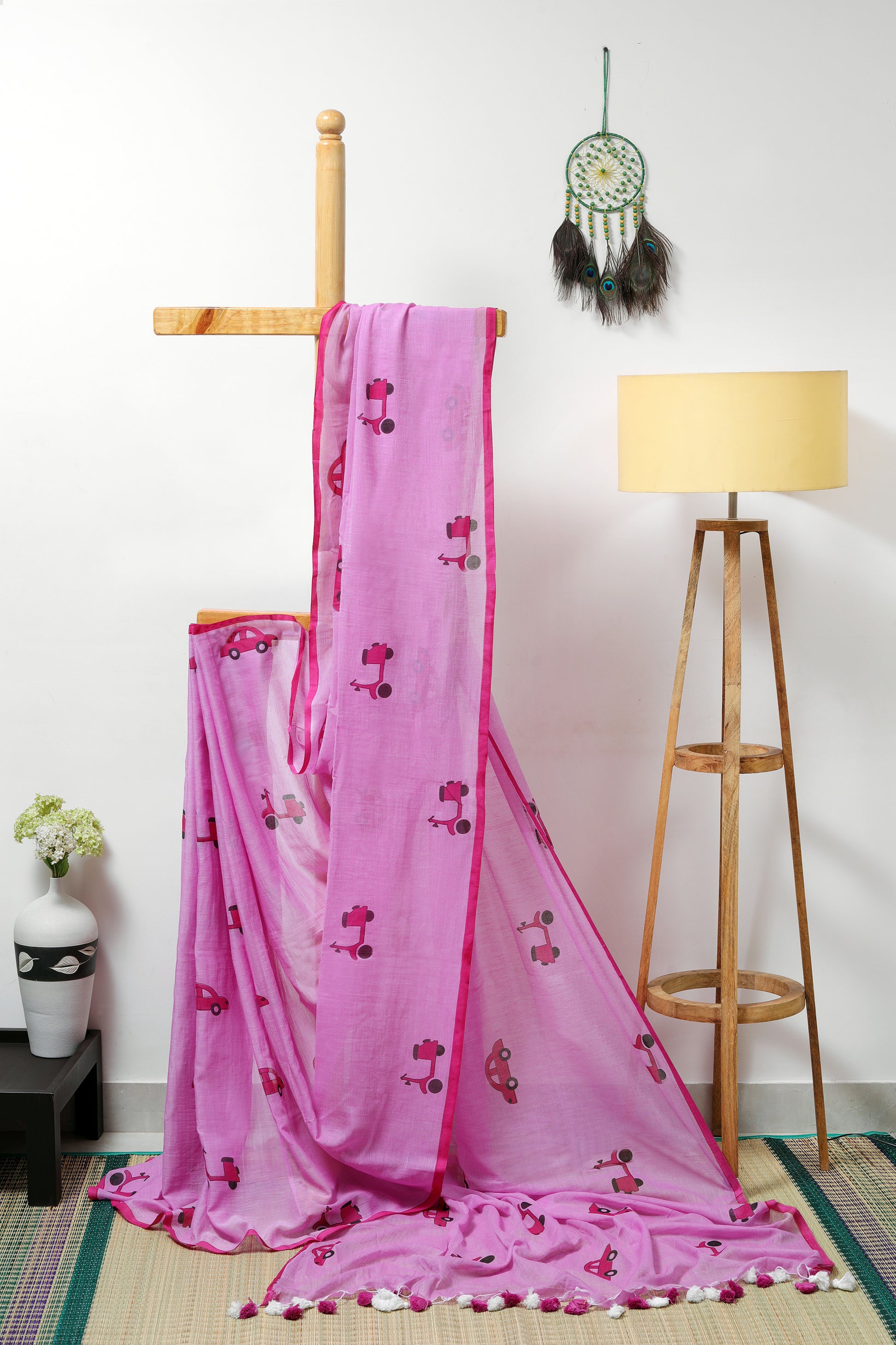 Mul Cotton - lilac  with pink border with pink scooter and car prints with multicolored tassels