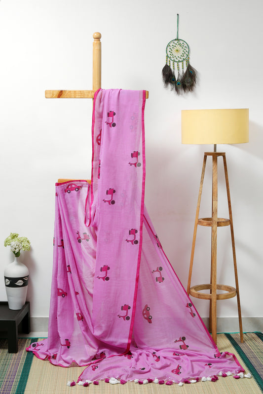 Mul Cotton - lilac  with pink border with pink scooter and car prints with multicolored tassels