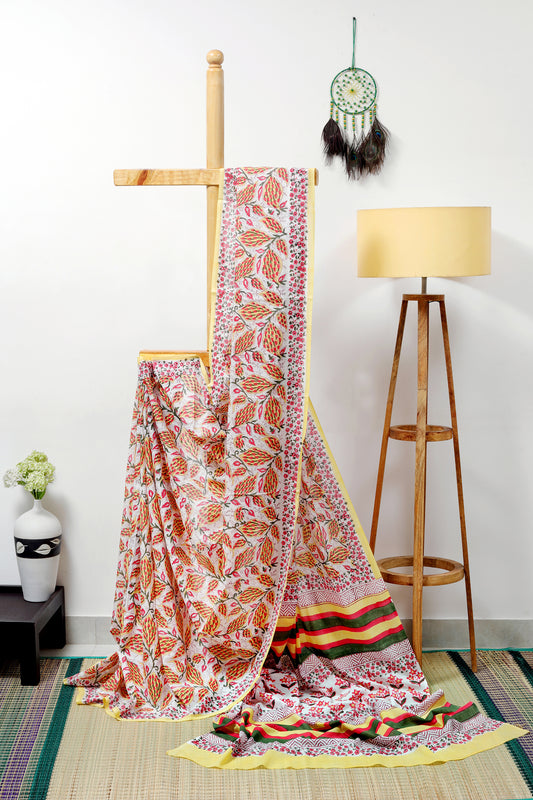 Mul Cotton Sanganeri - Yellow, green and red block prints