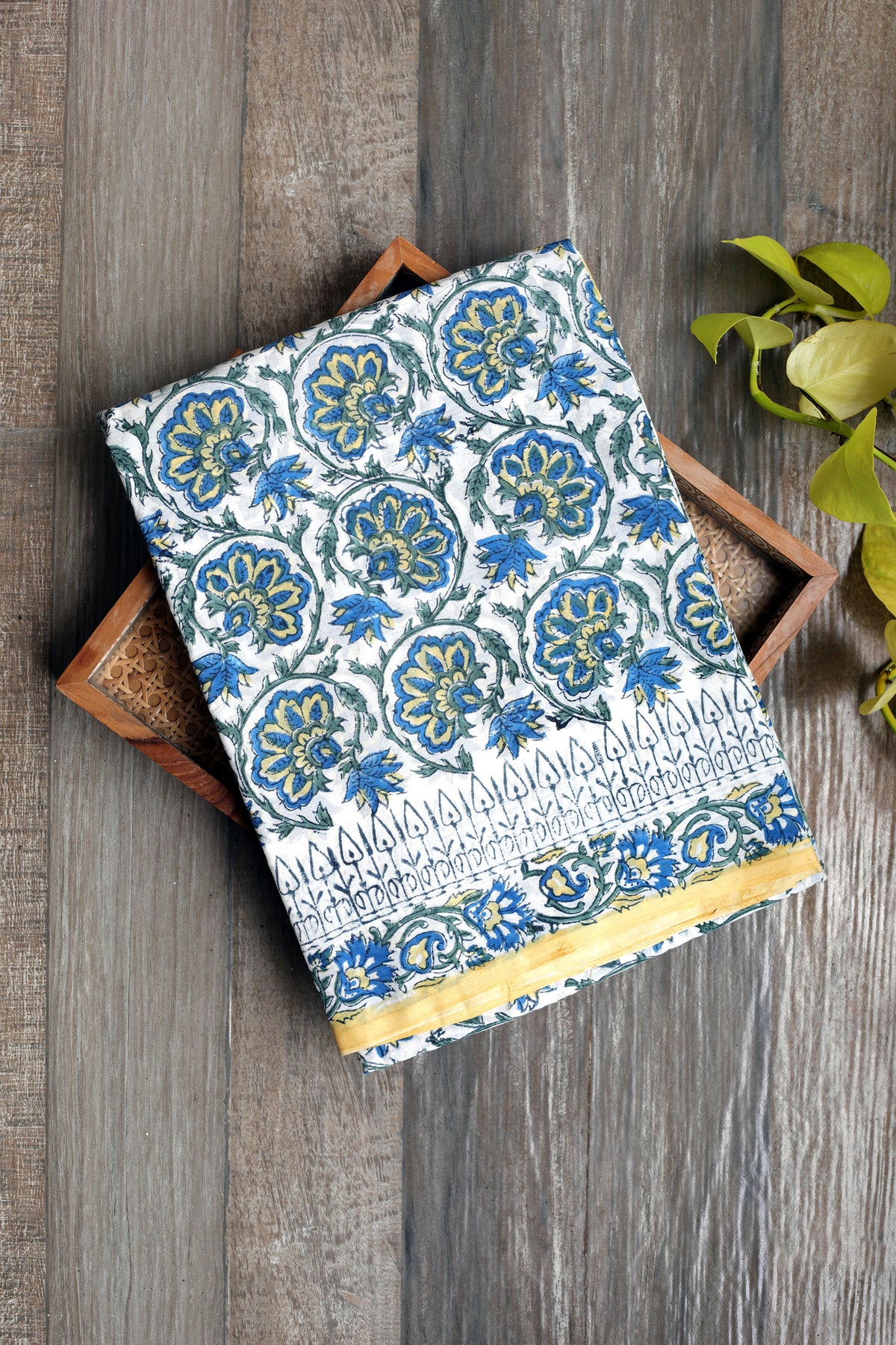 Mul Cotton Sanganeri - blue, yellow,  and green floral block prints